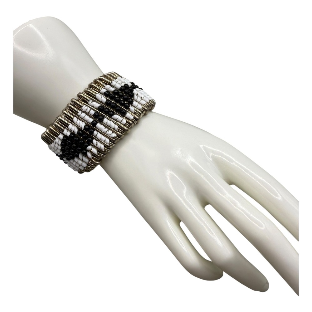 Vintage Safety Pin Beaded Bracelet Black White Stretch Cuff Punk Grunge Retro